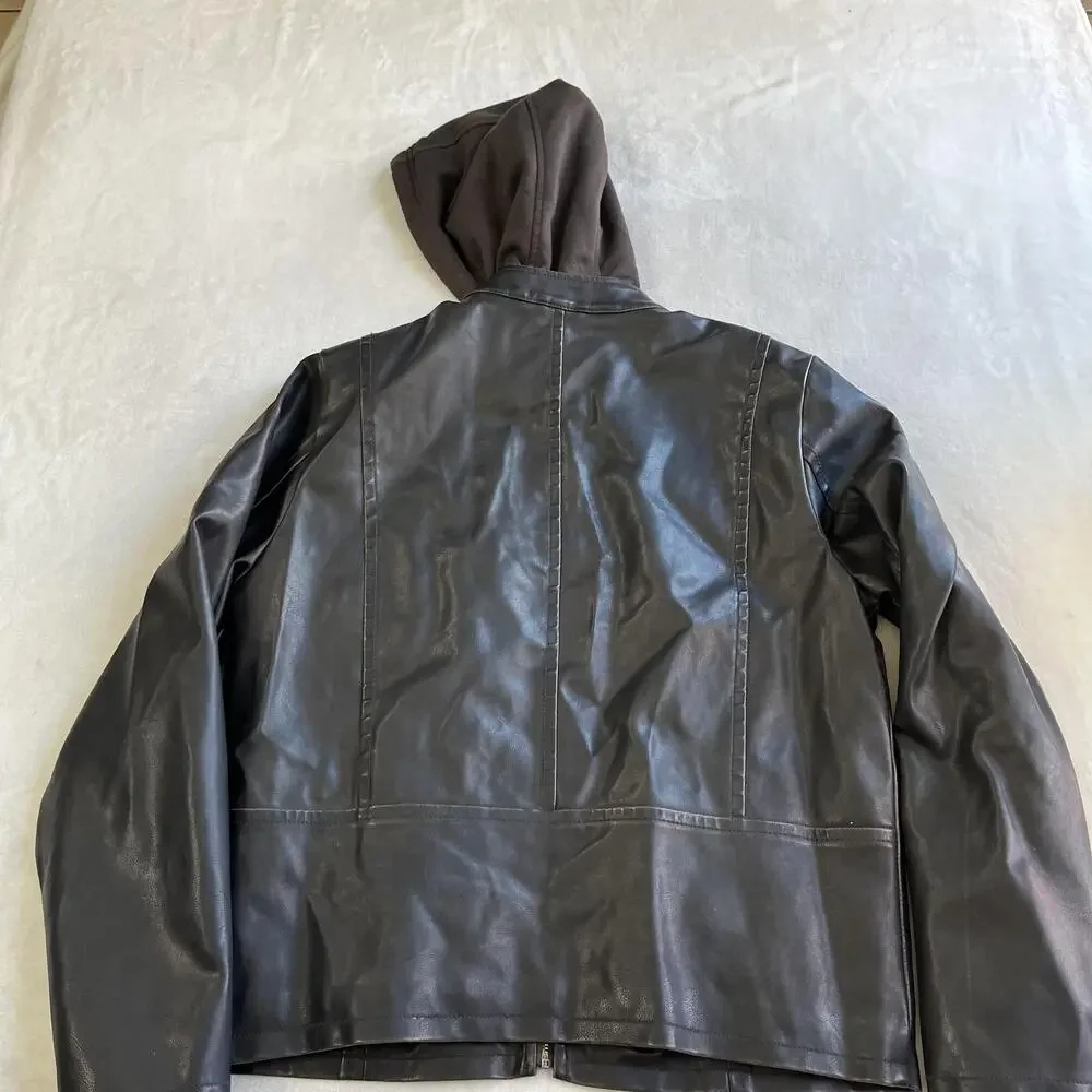 Levi's Jacket Mens Medium Black Faux Leather Hooded Motorcycle Full Zip Lined